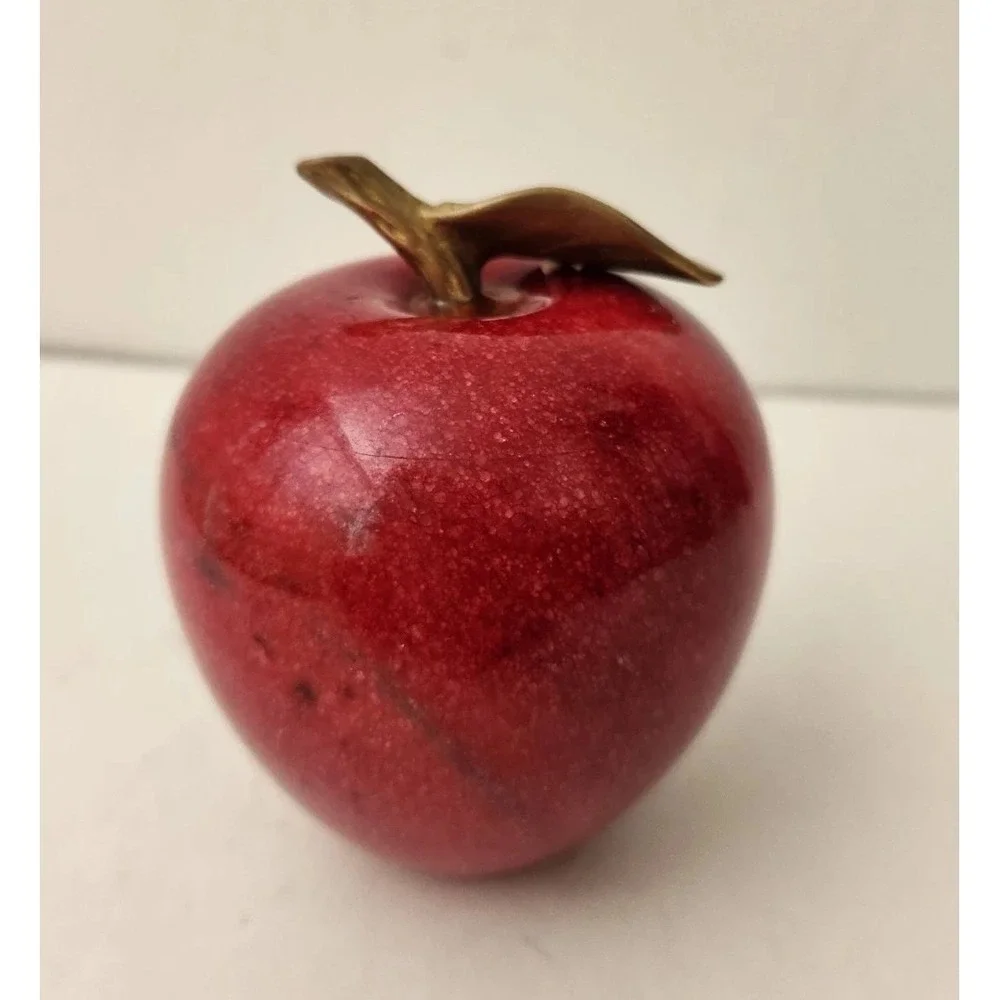 Vtg MCM Paperweight Polished Red Alabaster Marble Stone Apple With Brass Leaf